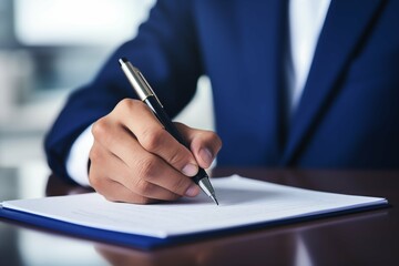 A businessman diligently writes on paper with a pen while seated at his office desk, surrounded by professional materials.