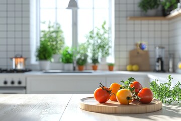 Fresh red and yellow cherry tomatoes on a wooden cutting board, set against a blurred kitchen background.