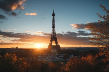 Stunning sunset capture of the eiffel tower silhouetted against a vibrant evening sky