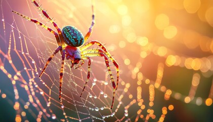 Vibrant spider on its intricate web adorned with dew drops in the glowing morning light
