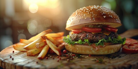 Wall Mural - Burger with Beef Patty and Fresh Greens Served with Golden Salted Fries