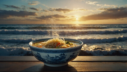 Steaming bowl of noodle soup, set on a table with a view of the ocean waves gently crashing on the shore.