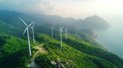 Canvas Print - Wind Turbines on a Green Mountainside