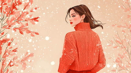 Wall Mural - Beautiful woman in a red sweater in a snowy winter landscape.