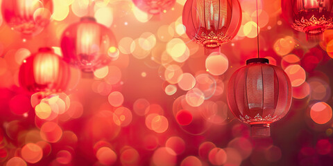 Festive Chinese lanterns glowing against vibrant red abstract background