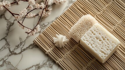 Wall Mural - A serene bathroom setting featuring natural sponges and floral accents on a marble countertop during the morning light