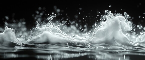 Close-up of water splashing and creating a wave on a dark background.