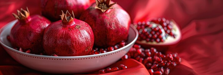 Poster - Close up view of ripe pomegranates and seeds in a bowl on a red tablecloth