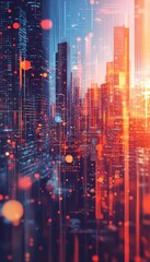 Aufkleber - Abstract technology background with blurred cityscape and geometric shapes in vibrant colors