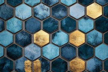 Aufkleber - Stunning watercolor blue and gold geometric hexagon pattern set against a dark grey background