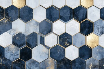 Poster - Modern abstract geometric wallpaper design featuring hexagons and gold accents in navy and gray