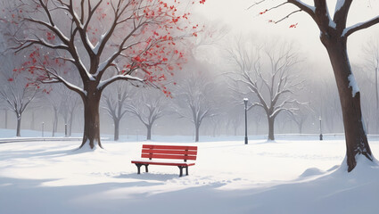 Illustration of a snowy winter scene in a park with a red bench under a tree.