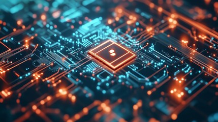 Poster - a close-up view of a glowing microchip on a complex circuit board filled with bright blue and orange