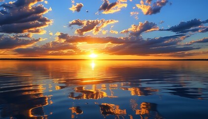 The sparkling sunset on the lake, golden sunshine shines on the tranquil water, reflecting the beautiful skyline and clouds.