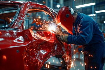 Skilled technician welds red sedan body after accident using professional tools on bright background