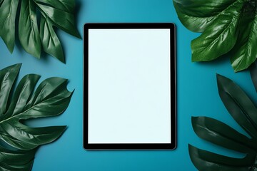 Wall Mural - Tablet Computer with Blank Screen Surrounded by Green Leaves on a Blue Background