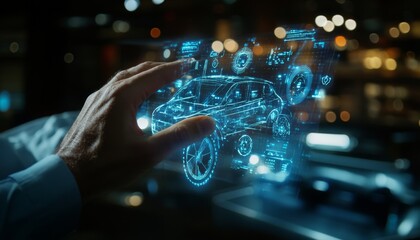 Aufkleber - Man interacting with holographic smart car interface  a 3d rendering of futuristic technology