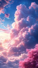 Wall Mural - A vibrant pink and blue sunset sky with fluffy clouds and a few pink trees in the foreground.