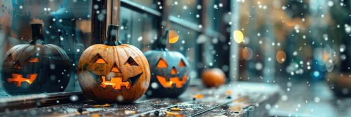 Poster - Halloween pumpkins showcased in windows with bokeh effects