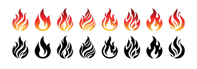 Wall Mural - fire flame collection vector icons and silhouette bundle. set of flame symbols isolated on white bac