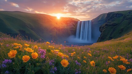 Poster - Waterfall at Sunset with a Field of Flowers