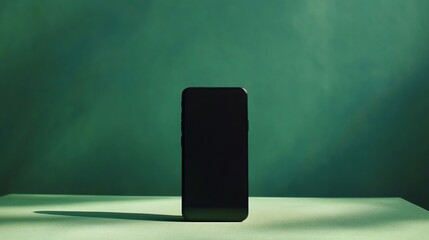 Wall Mural - A Black Smartphone on a Green Surface with a Shadow