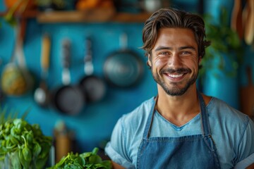 A smiling young man in a blue shirt and apron stands in a colorful kitchen full of fresh herbs and vegetables ready for cooking