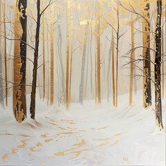 Majestic winter forest adorned with gold foil against a serene white backdrop