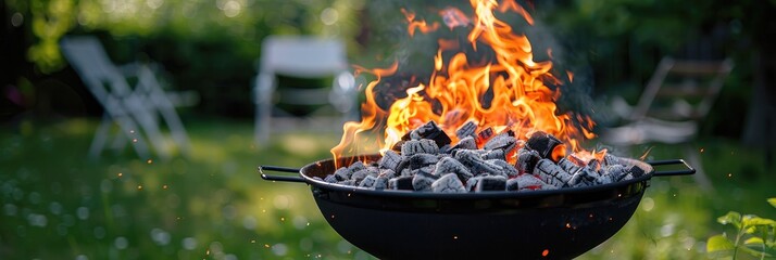 Canvas Print - Lighting a charcoal grill using white kindling in a residential outdoor space.