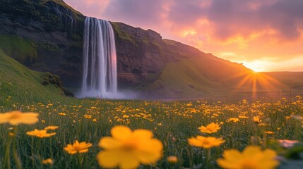 Poster - Majestic Waterfall with Sunset Glow