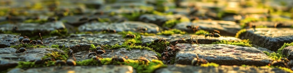 Poster - Close-Up of Ants on Mossy Cobblestone Surface with Debris