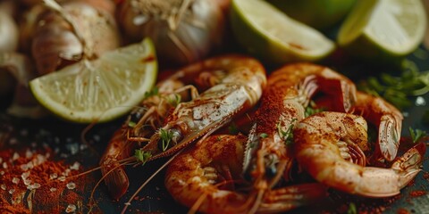 Wall Mural - Raw Brazilian Shrimp with Lime Paprika Powder and Sliced Garlic