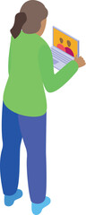 Poster - Illustration featuring a woman standing and having a video call on her laptop, depicted in isometric view