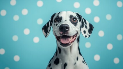 Studio portrait of a smiling dalmatian dog with a cheerful expression on a pastel blue background with polka dots. This image is perfect for pet lovers, playful designs, or promotional materials.