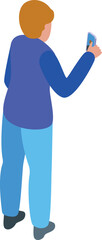 Poster - young man is taking a photo with his smartphone, in this isometric icon style vector illustration