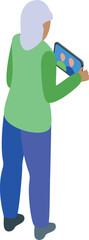 Poster - Elderly muslim woman is holding a tablet and using a video call application to connect with family or friends