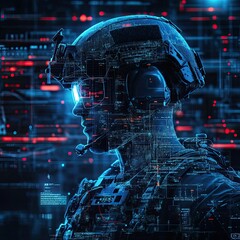digital soldier with helmet and goggles in blue and red digital background