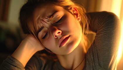 Exhausted young woman suffering from neck pain and muscle fatigue after long hours of computer work