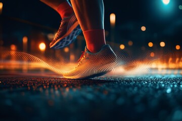 Close up of running shoes on track with holographic wave and sports technology visualization