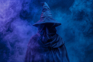 Wall Mural - Dark Warlock Costume Featuring Black Robes Pointy Hat and Magic for Halloween Spooky Sinister Frightening Powers