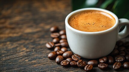 Wall Mural - Espresso Coffee Cup on Wooden Background with Coffee Beans