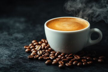 Wall Mural - A Cup of Steaming Coffee with Coffee Beans