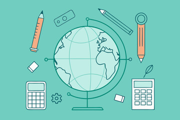 Educational Globe with Pencils, Rulers, and Calculators | Line Drawing Vector Illustration