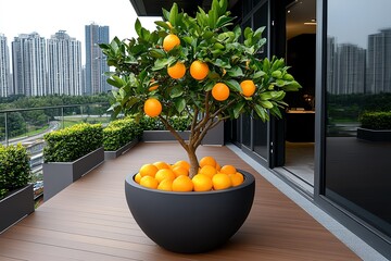 Orange tree in a contemporary urban rooftop garden, illustrated in a scene where the tree is part of a modern rooftop garden, surrounded by urban architecture and offering a green oasis in the