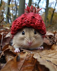 Canvas Print - A small rodent wearing a red knitted hat. AI.