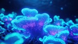 Breathtaking underwater scene showcasing vibrant glowing coral, illuminated by magical blue and purple hues in the ocean depths.