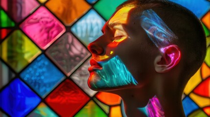 Wall Mural - A person's face illuminated by colorful stained glass. AI.