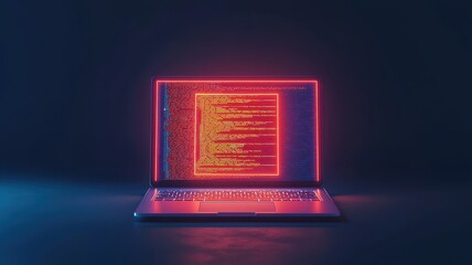 Futuristic laptop displaying glowing code in vibrant neon colors against a dark background, symbolizing technology and programming.