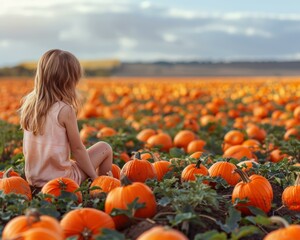 Canvas Print - A young girl sits in a field of pumpkins. AI.