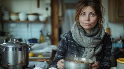 Poster - A woman in a kitchen, stirring a pot of food on the stove. AI.